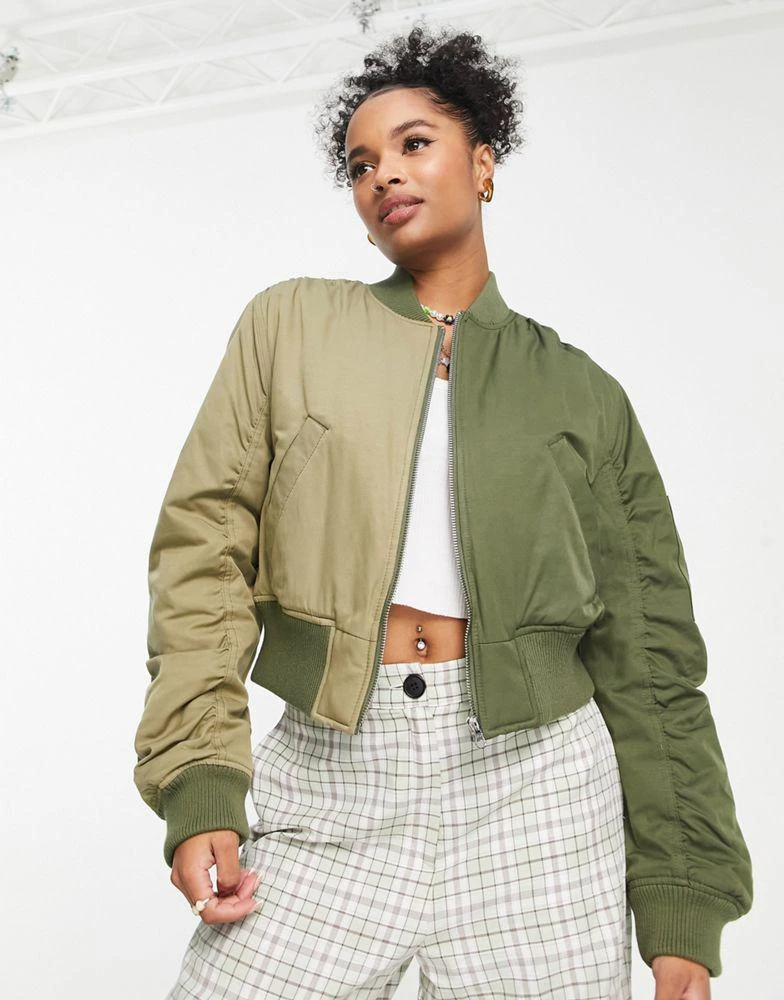 商品Topshop|Topshop Petite cropped half and half contrast bomber jacket in khaki,价格¥184,第3张图片详细描述