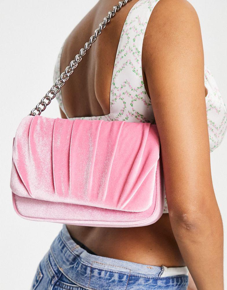 ASOS DESIGN shoulder bag with ruched flap in pink velvet商品第2张图片规格展示