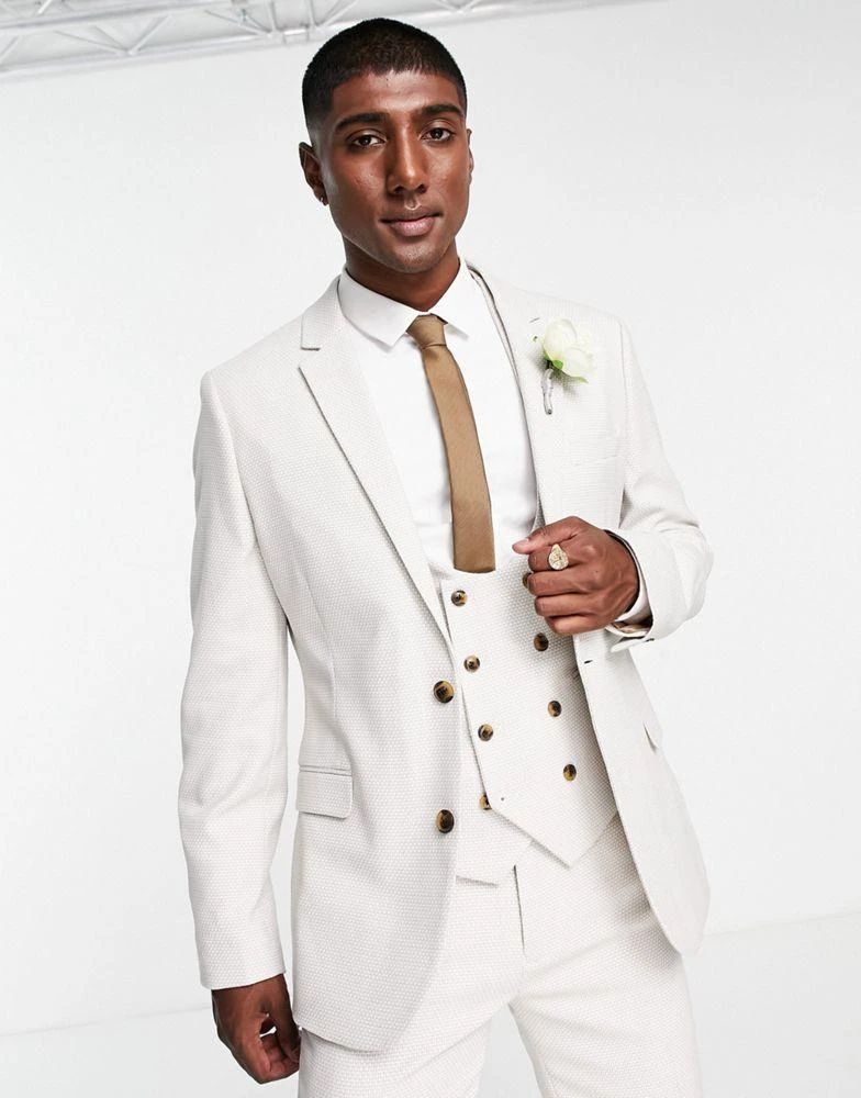 商品ASOS|ASOS DESIGN wedding slim suit jacket in stone birdseye texture,价格¥294,第1张图片