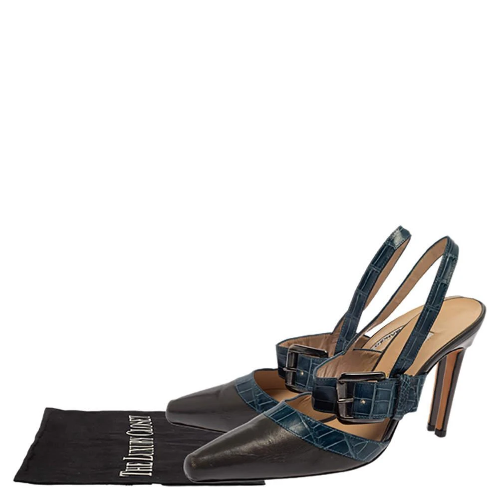 Manolo Blahnik Grey/Blue Croc Embossed And Leather Slingback Sandals Size 37 商品