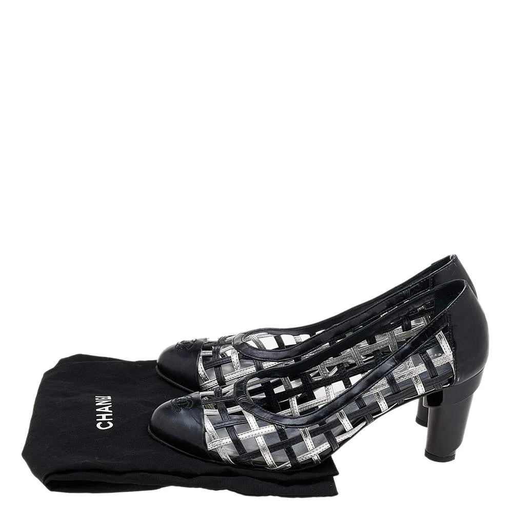 Chanel Black/Silver Woven Leather Block Heel Pumps Size 38.5 商品
