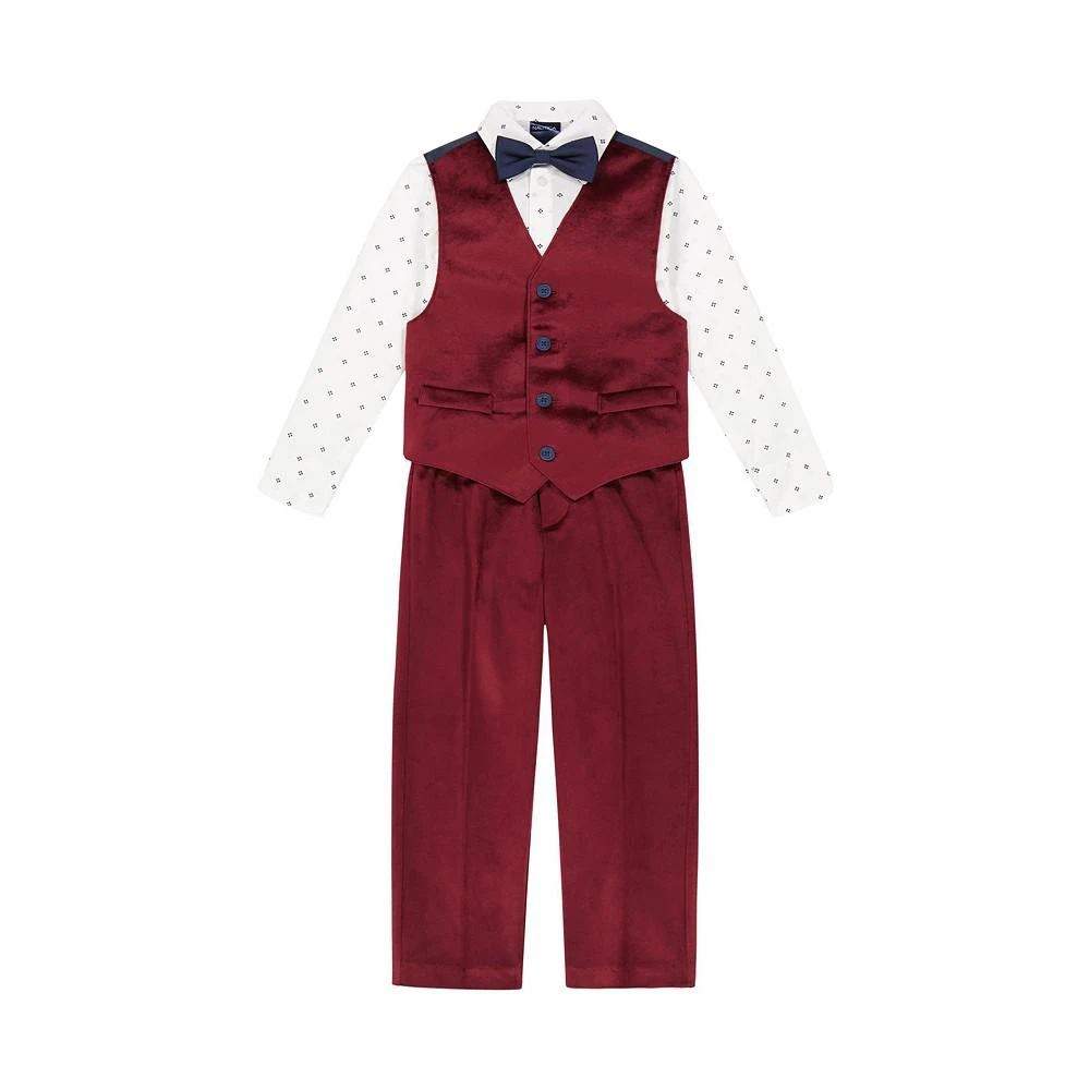 商品Nautica|Little Boys Burgundy Velvet Vest, Pant, Pattern Shirt and Bow-tie, 4 Piece Set,价格¥286,第2张图片详细描述
