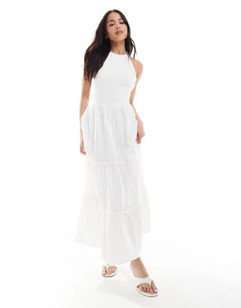 商品Bershka|Bershka linen halterneck tiered maxi dress in ecru,价格¥290,第1张图片