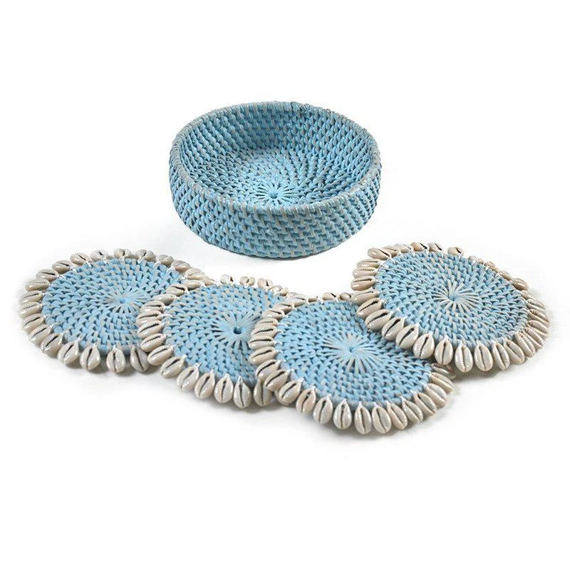 商品BEACH HAUS|Sky Blue Rattan Coaster with Cowrie Shell,价格¥583,第2张图片详细描述