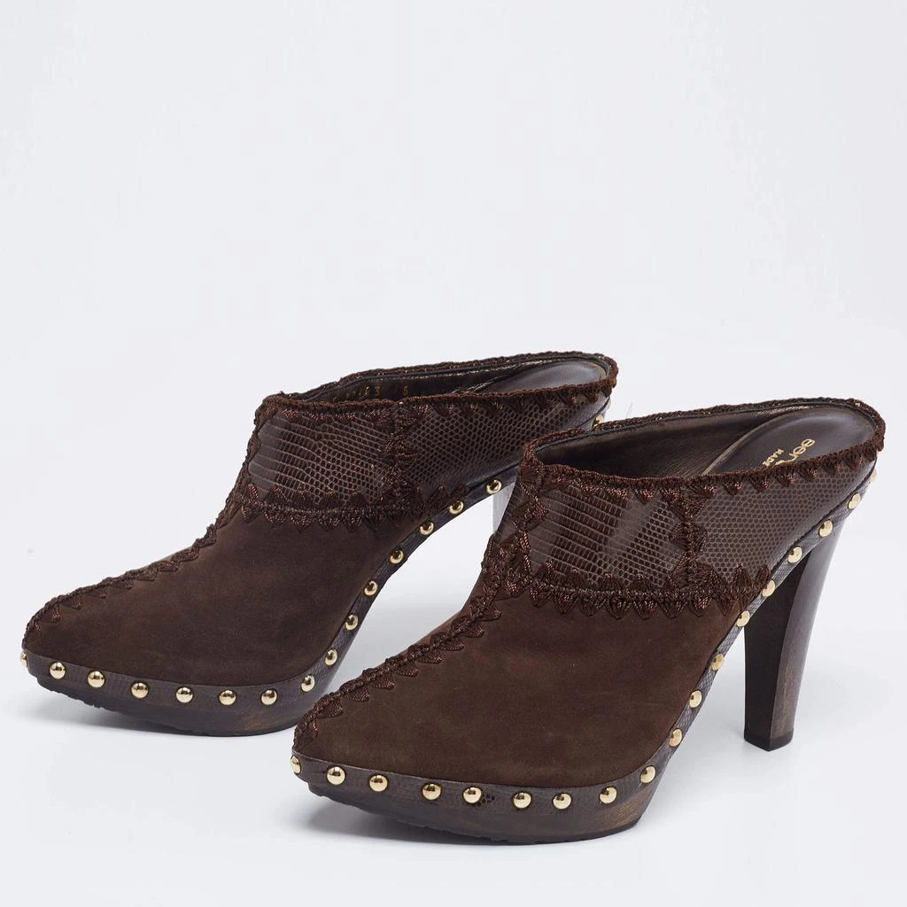 商品[二手商品] Sergio Rossi|Sergio Rossi Brown Lizard Embossed Leather and Suede Studded Platform Mules Size 38,价格¥1347,第2张图片详细描述