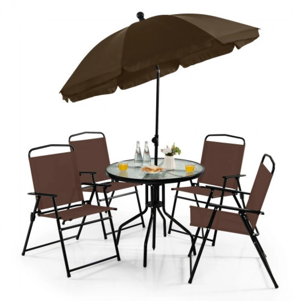 商品Hivvago|6 Pieces Patio Dining Set Folding Chairs Glass Table Tilt Umbrella for Garden-Coffee,价格¥1854,第2张图片详细描述