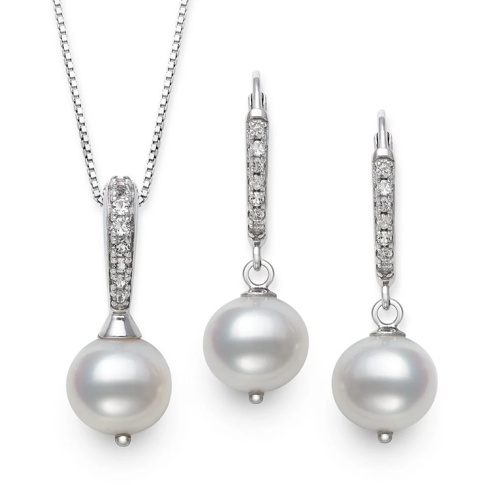 商品Belle de Mer|2-Pc. Set Cultured Freshwater Pearl (7-1/2mm) & Cubic Zirconia Pendant Necklace & Matching Drop Earrings in Sterling Silver,价格¥1674,第4张图片详细描述
