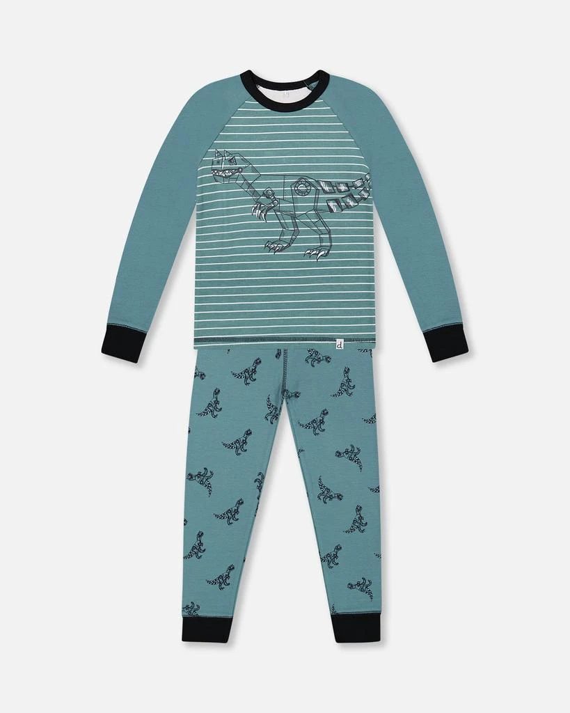 商品Deux par Deux|Organic Cotton Long Sleeve Two Piece Pajama Set Teal With Mechanical Dinosaurs Print,价格¥358,第1张图片