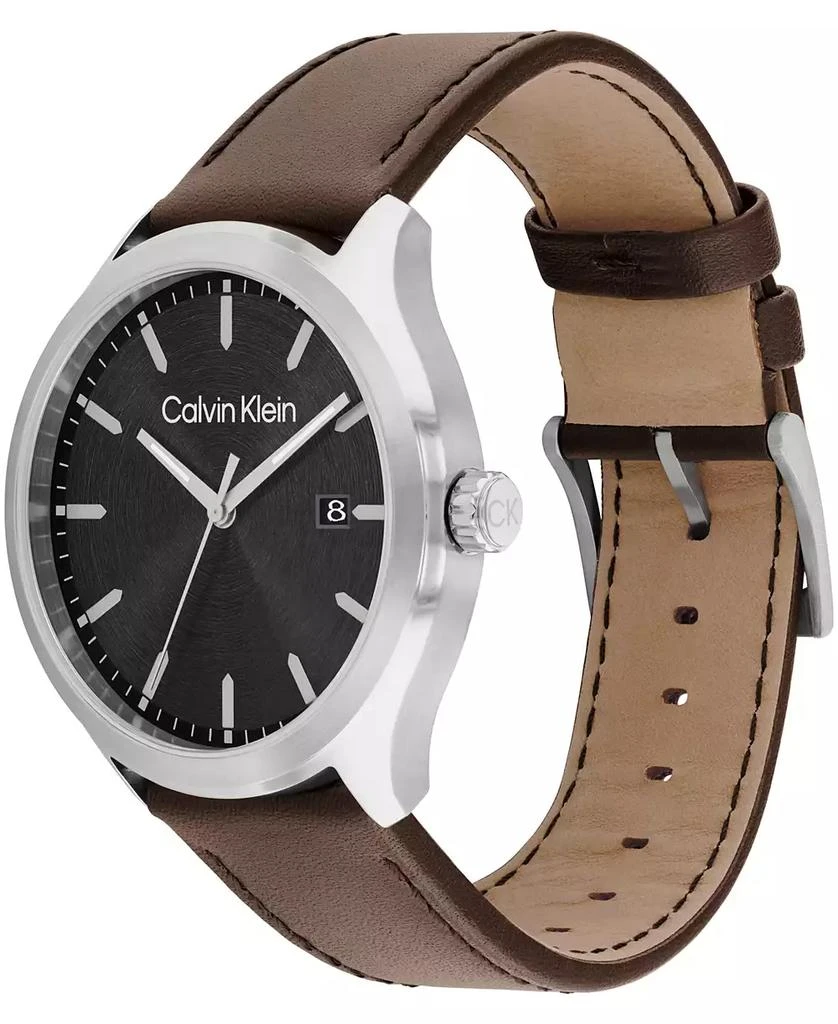 商品Calvin Klein|Men's 3H Quartz Brown Leather Strap Watch 43mm,价格¥638,第2张图片详细描述