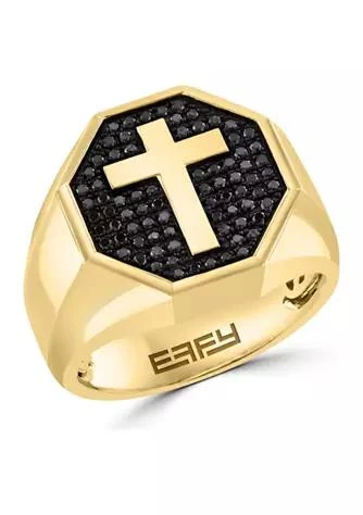商品Effy|Mens Gold Plated Black Diamond Cross Ring In Sterling Silver,价格¥3033,第1张图片