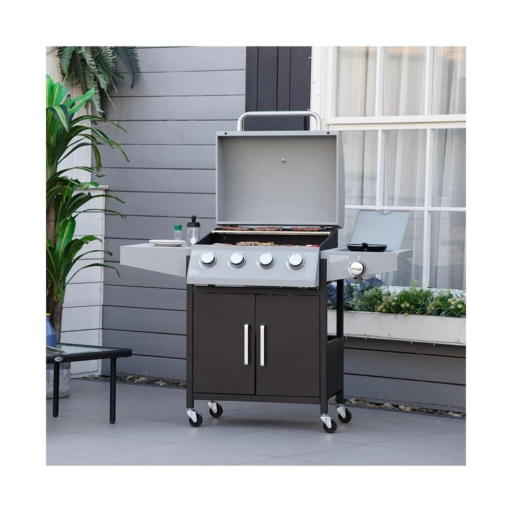 商品Outsunny|4+1 Burner Liquid Propane Gas Grill Outdoor Cabinet Style BBQ Trolley w/ Side Burner, Warming Rack, Side Shelf, Storage Cabinet, Thermometer, 4 Wheels, Carbon Steel, Silver,价格¥2876,第3张图片详细描述