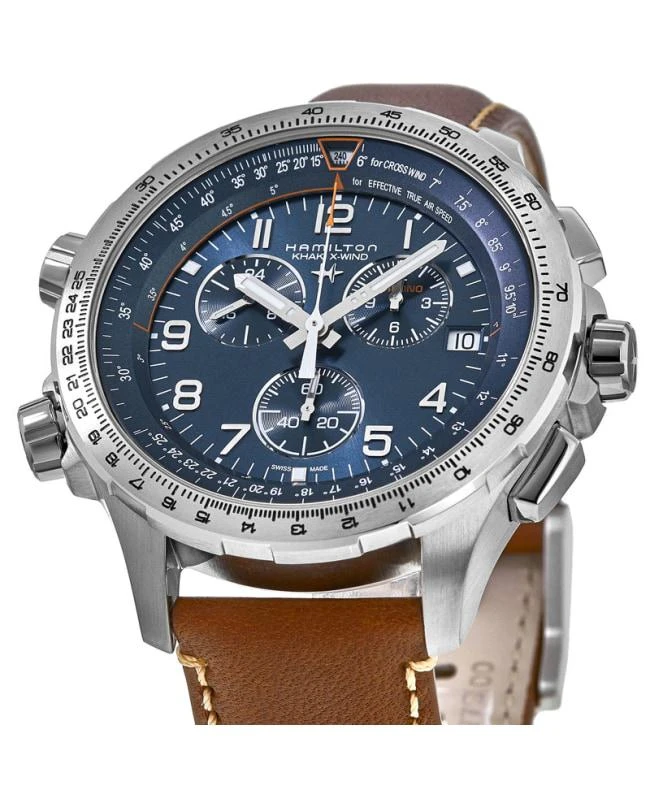 商品Hamilton|Hamilton Khaki X-Wind GMT Chrono Quartz Blue Dial Brown Leather Strap Men's Watch H77922541,价格¥5864,第2张图片详细描述