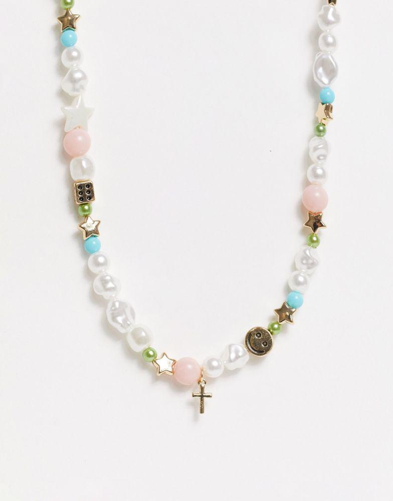 ASOS DESIGN bead necklace with dice and happy face charm in pastel colours商品第1张图片规格展示