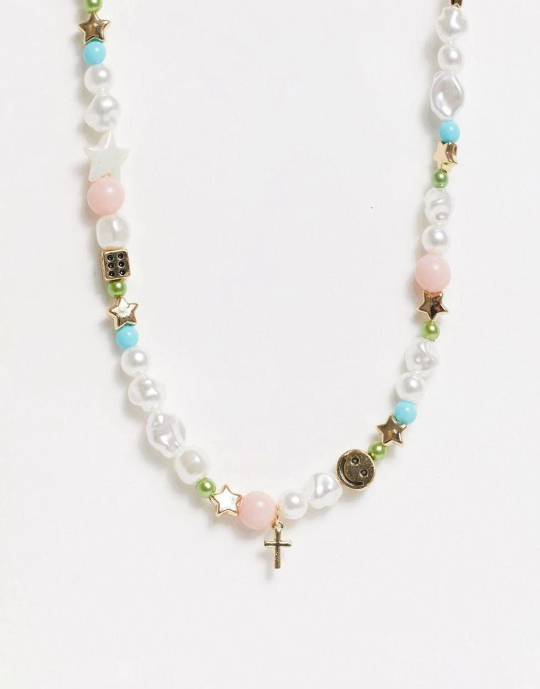 商品ASOS|ASOS DESIGN bead necklace with dice and happy face charm in pastel colours,价格¥37,第1张图片