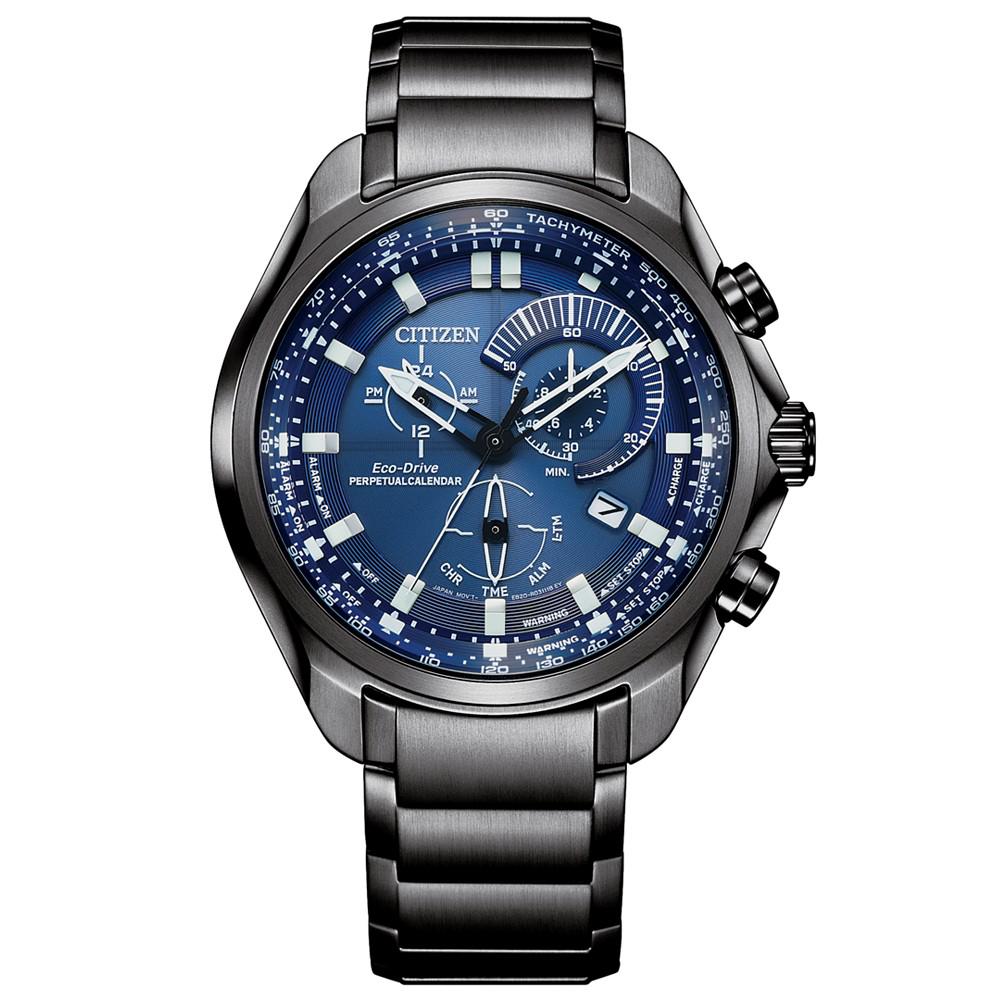 Men's Chronograph Eco-Drive Sport Luxury Gray-Tone Stainless Steel Bracelet Watch 43mm商品第1张图片规格展示