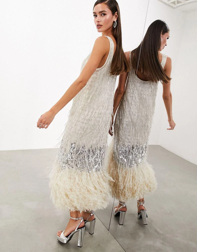 商品ASOS|ASOS EDITION scoop neck embellished tassel midi dress with faux feather hem in silver,价格¥1756,第4张图片详细描述