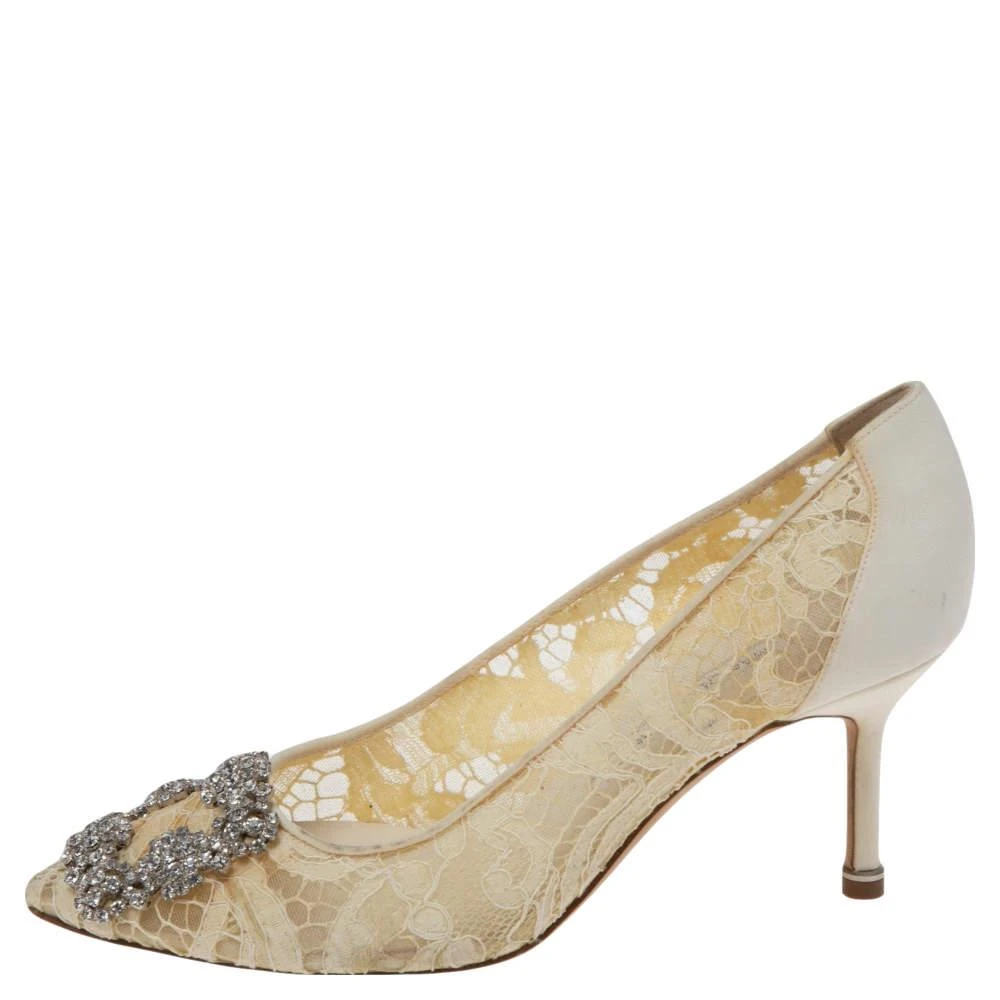 商品[二手商品] Manolo Blahnik|Manolo Blahnik White Lace And Satin Hangisi Pumps Size 35.5,价格¥1614,第2张图片详细描述
