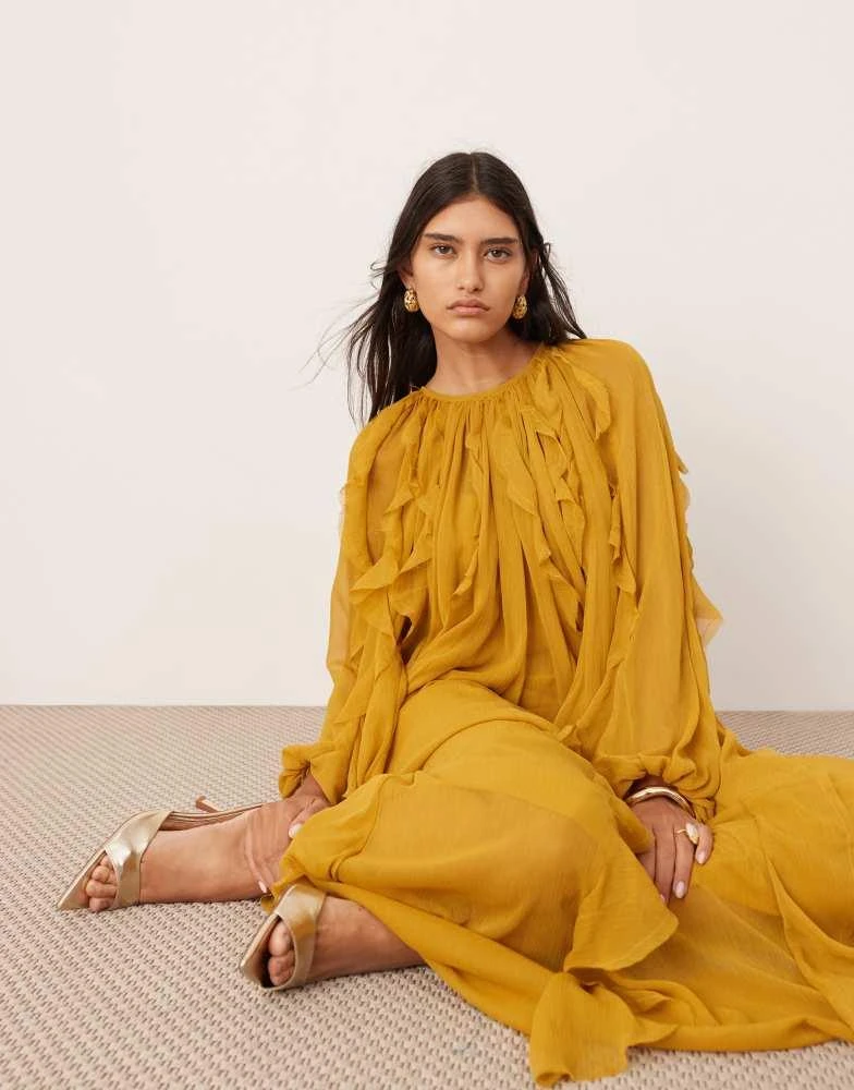 商品ASOS|ASOS EDITION chiffon raw edge ruffle maxi dress with balloon sleeve in mustard,价格¥1025,第2张图片详细描述