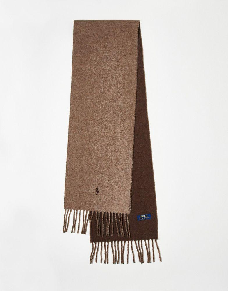 商品 Polo Ralph Lauren wool mix reversible scarf in tan/brown with pony logo 图