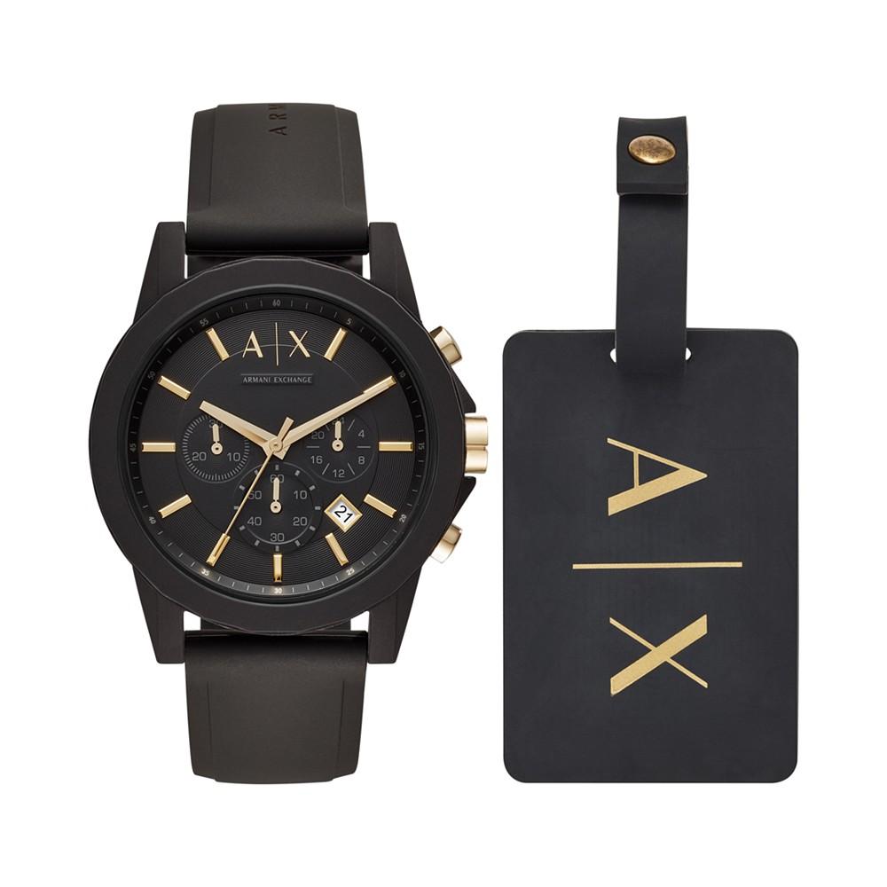 Men's Chronograph  Black Silicone Strap Watch 45mm Gift Set商品第1张图片规格展示