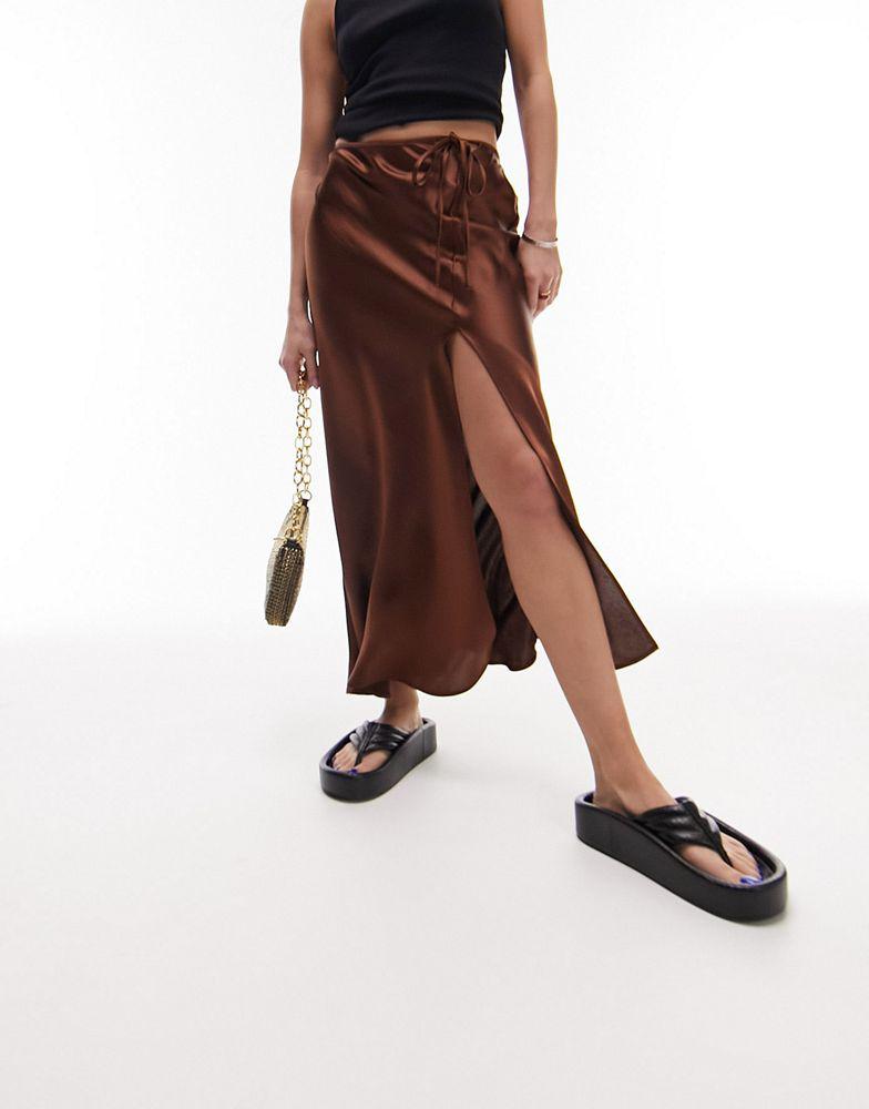 Topshop split tie bias midi skirt in chocolate商品第3张图片规格展示