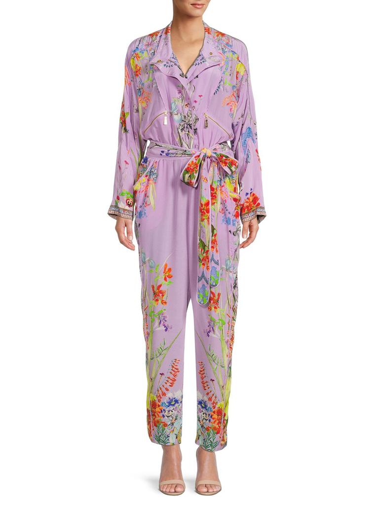 Floral Print Belted Silk Jumpsuit商品第1张图片规格展示