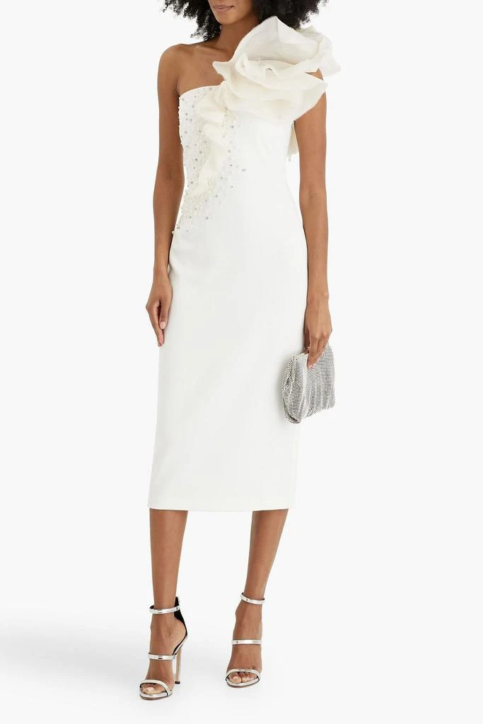 商品Badgley Mischka|One-shoulder organza-trimmed crepe midi dress,价格¥3301,第2张图片详细描述