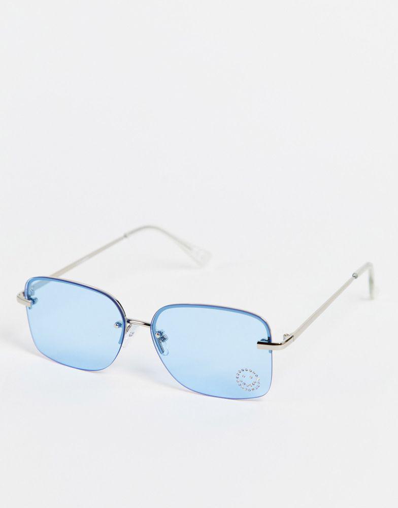 ASOS DESIGN rimless 90s sunglasses with diamante happy face detail in blue商品第1张图片规格展示