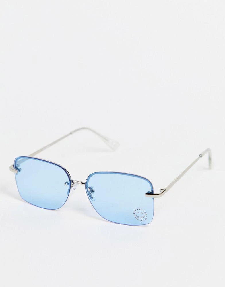 商品ASOS|ASOS DESIGN rimless 90s sunglasses with diamante happy face detail in blue,价格¥83,第1张图片
