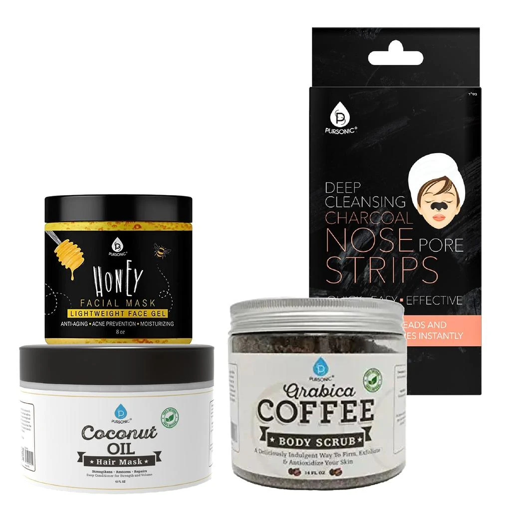 商品PURSONIC|Pursonic Pamper & Glow Gift Bundle (6 pack Deep Cleansing Charcoal Nose Pore Strip, 100% Natural Arabica Coffee Body Scrub 14 Oz, 100% Natural Coconut Oil Hair Mask 10 Oz and Honey Facial Mask 8 Oz),价格¥434,第1张图片