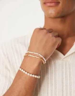 商品ASOS|ASOS DESIGN 3 pack pearl and metal bead bracelets in gold tone,价格¥108,第3张图片详细描述