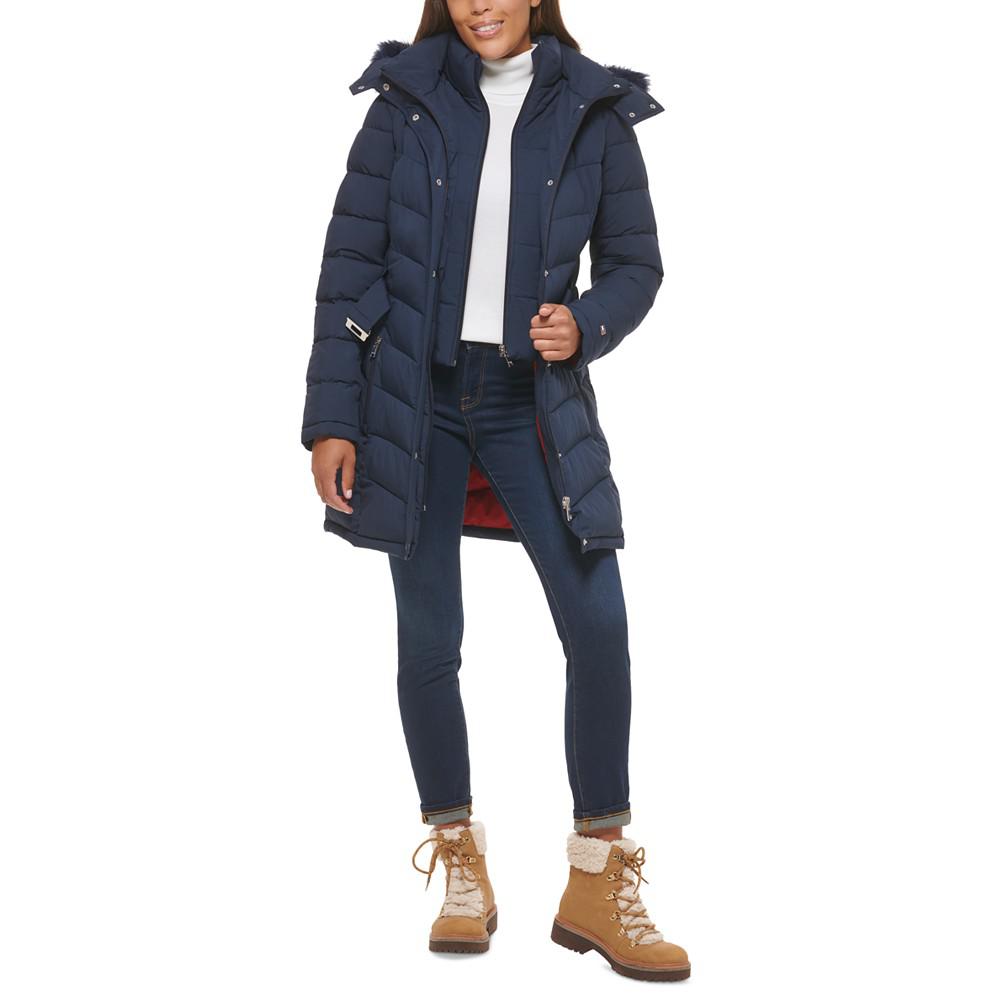 Women's Belted Faux-Fur-Trim Hooded Puffer Coat, Created for Macy's商品第6张图片规格展示