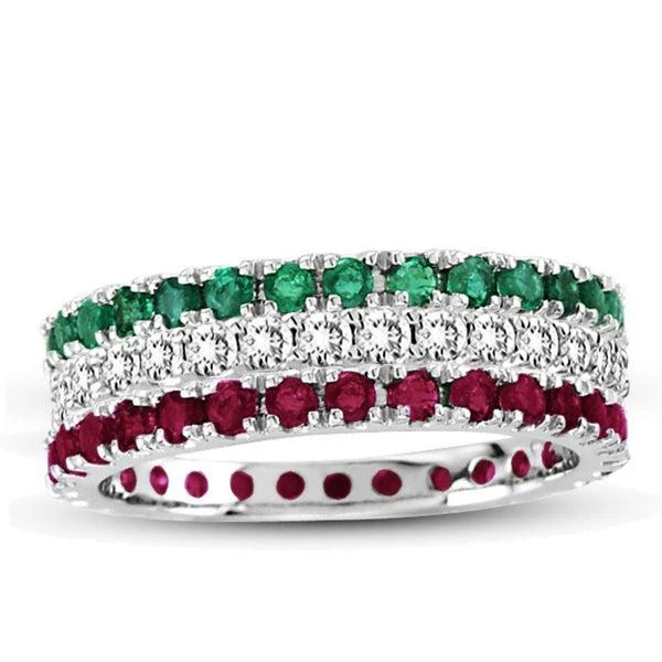 商品Suzy Levian|14K White Gold Diamond Ruby Emerald 3-piece Eternity Band Ring Set,价格¥20577,第1张图片