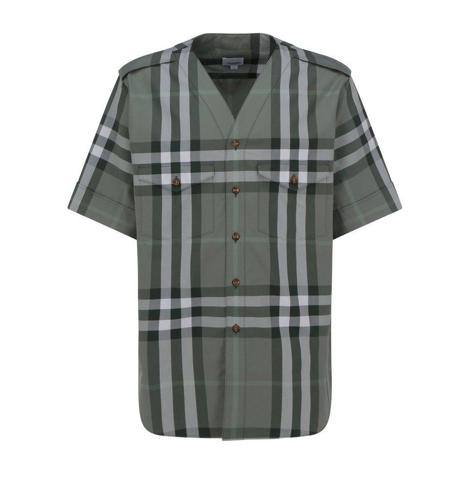 商品Burberry|Burberry Check Pattern V-Neck Short Sleeved Shirt,价格¥2108-¥3161,第1张图片