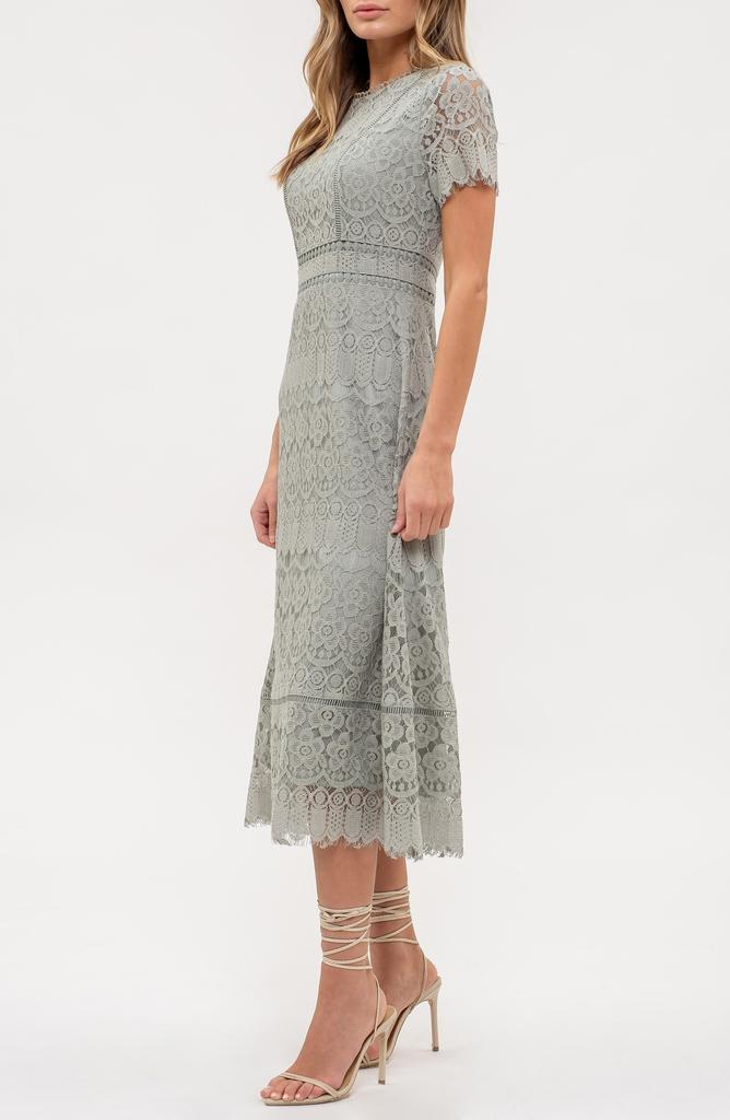 knee length dresses for ladies Right Here Waiting Light Blue Cotton Scallop Lace Embroidered Midi Dress