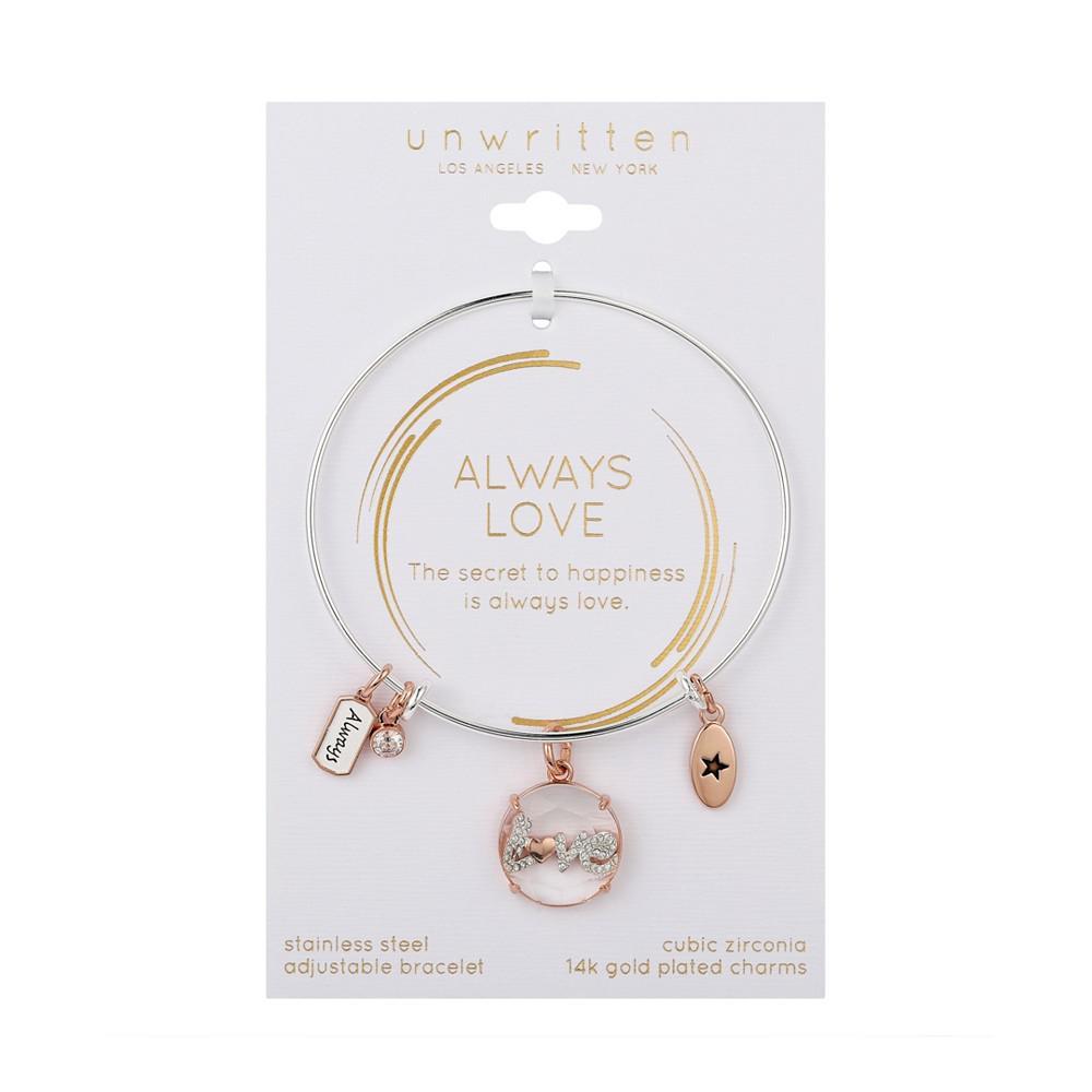 商品Unwritten|Stainless Steel Bangle with 14K Rose Gold Flash-Plated Brass Cubic Zirconia "Love Always" Charms,价格¥369,第4张图片详细描述