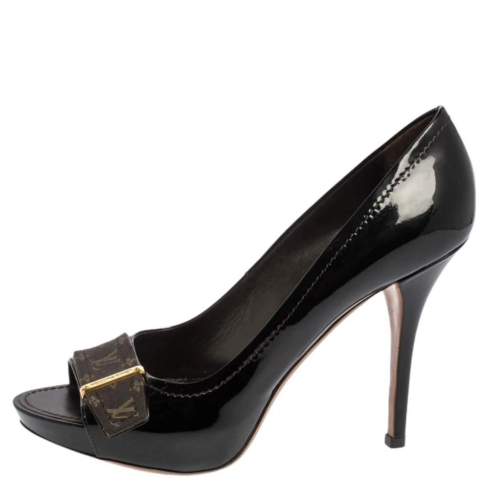 商品[二手商品] Louis Vuitton|Louis Vuitton Burgundy Patent Leather and Monogram Canvas Idylle Buci Open Toe Pumps Size 39,价格¥3610,第2张图片详细描述