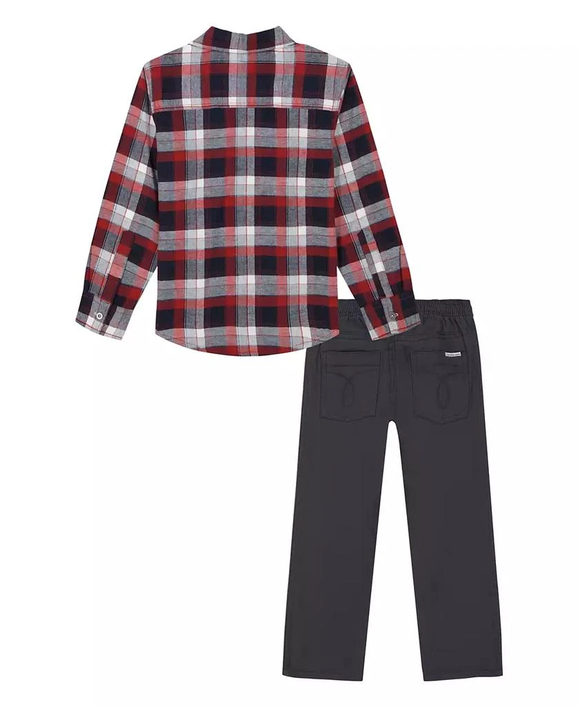 商品Calvin Klein|Little Boys Long Short Sleeve Plaid Button-Front Shirt Prewashed Twill Pants 2-Piece Set,价格¥172,第2张图片详细描述