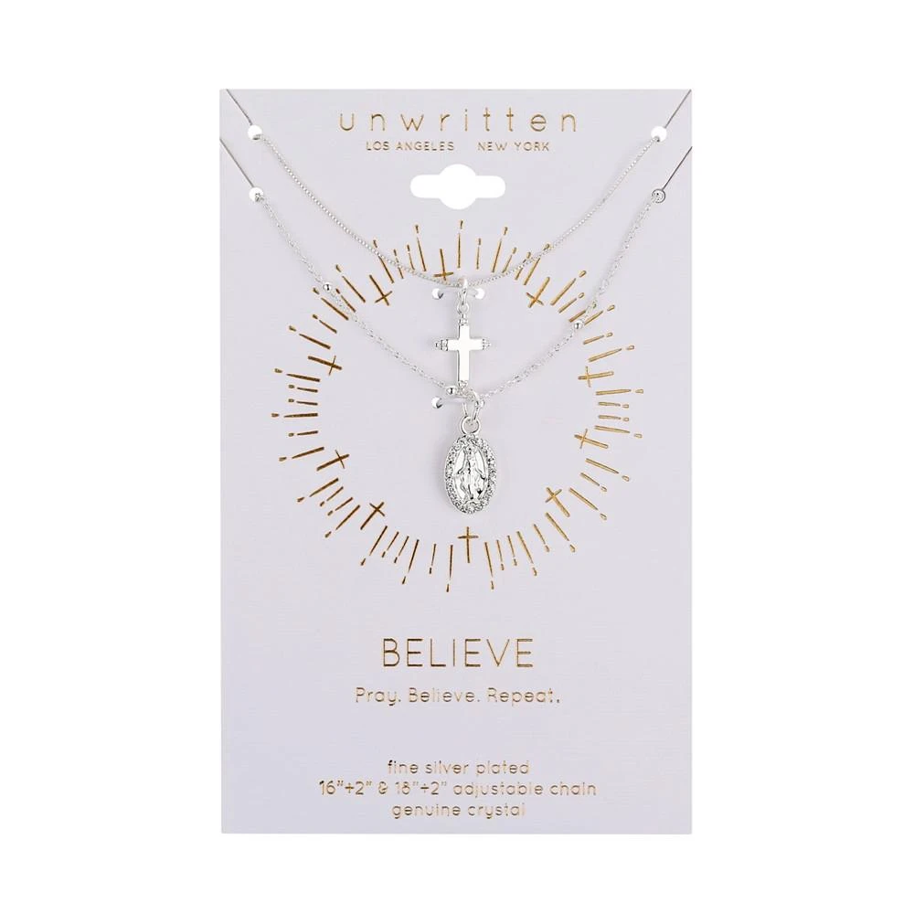 商品Unwritten|Silver Plated Brass Crystal Mary and Cross Duo Necklace with Extender,价格¥337,第2张图片详细描述