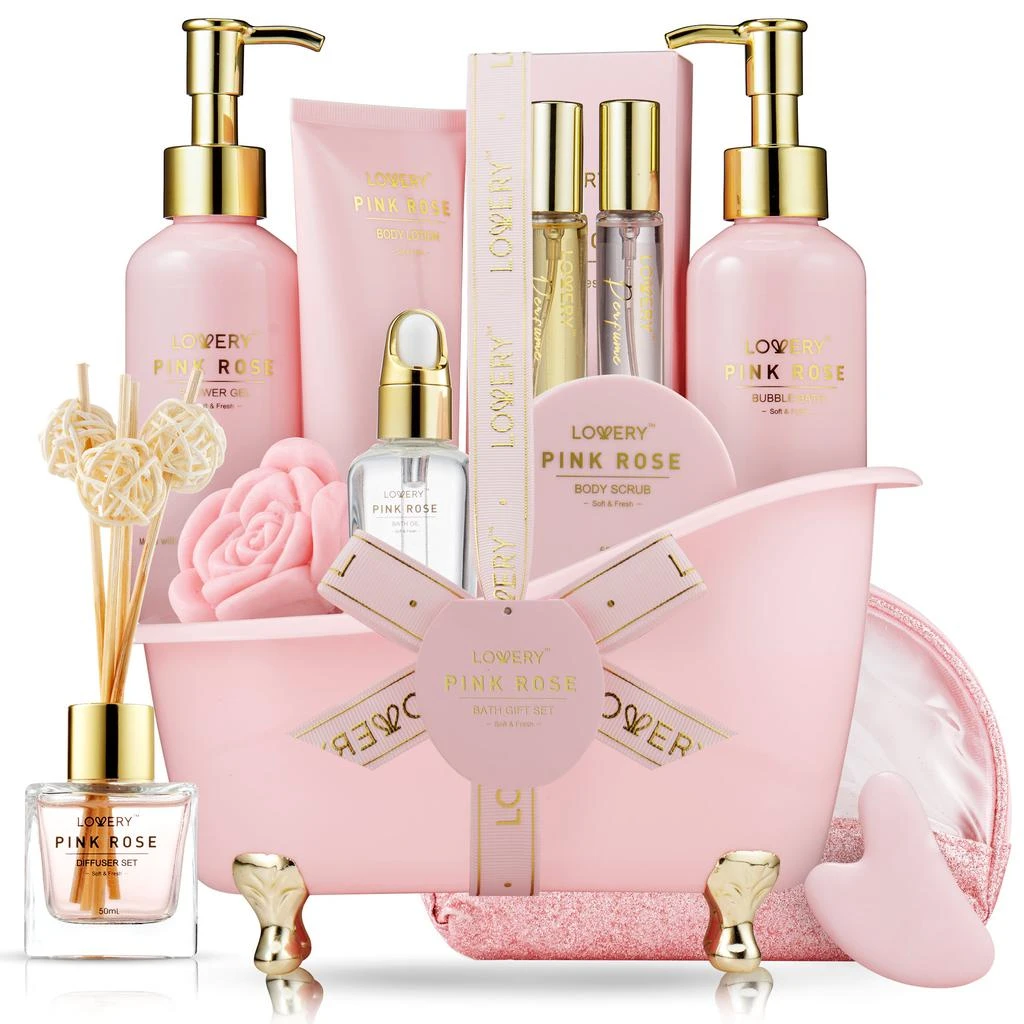 商品Lovery|Luxury Spa Kit, 18pc Pink Rose Relaxing Basket with Perfumes, Gua Sha and More,价格¥556,第1张图片