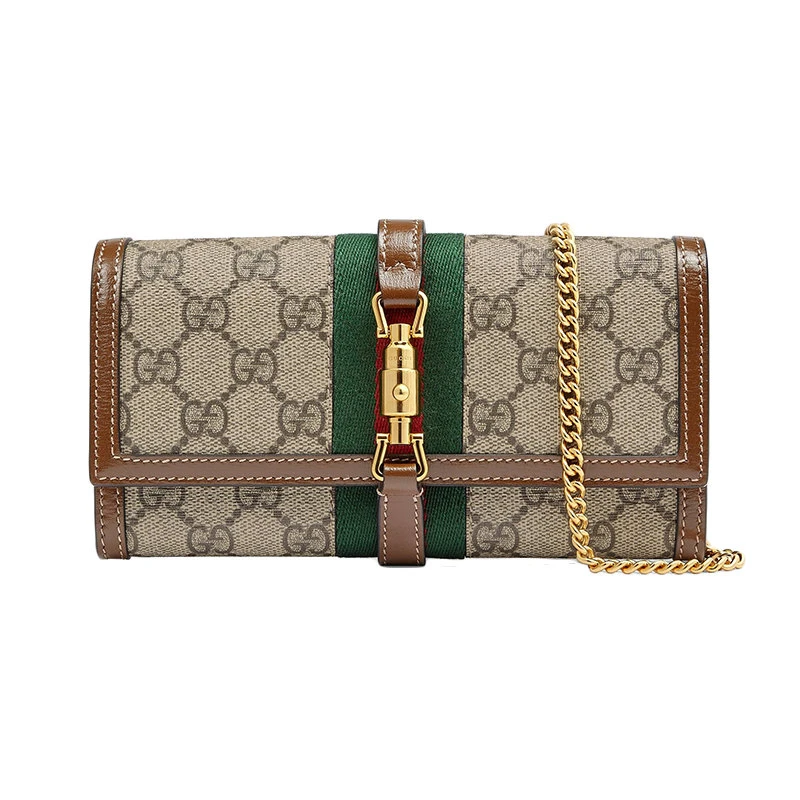 商品Gucci|预售2-2周 GUCCI/古驰Jackie 1961系列 经典老花帆布搭配棕色皮革饰有金色马衔扣链式钱包 652681HUHHG8565,价格¥7952,第1张图片