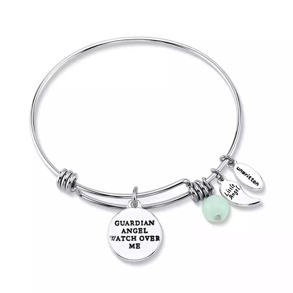 商品Unwritten|Angel Charm and Amazonite (8mm) Bangle Bracelet in Stainless Steel with Silver Plated Charms,价格¥170,第2张图片详细描述