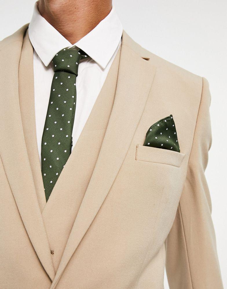 商品ASOS|ASOS DESIGN slim tie and pocket square in green and white dot,价格¥117,第1张图片
