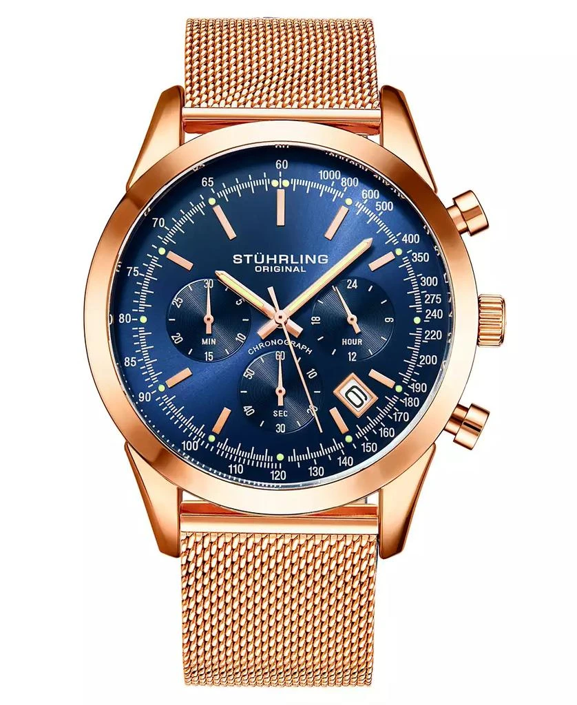 商品Stuhrling|Men's Quartz Chronograph Date Rose Gold-Tone Stainless Steel Mesh Bracelet Watch 44mm,价格¥640,第1张图片