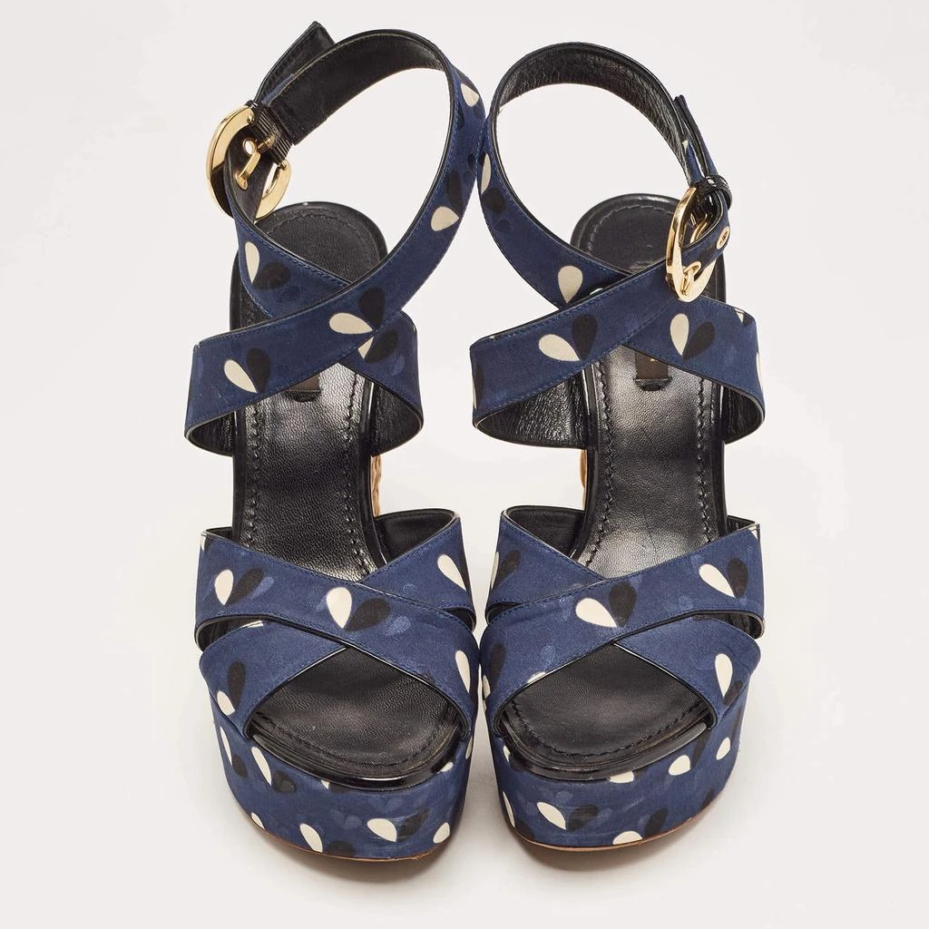 商品[二手商品] Louis Vuitton|Louis Vuitton Navy Blue Printed Fabric Espadrille Wedge Ankle Wrap Sandals Size 38,价格¥1002,第3张图片详细描述