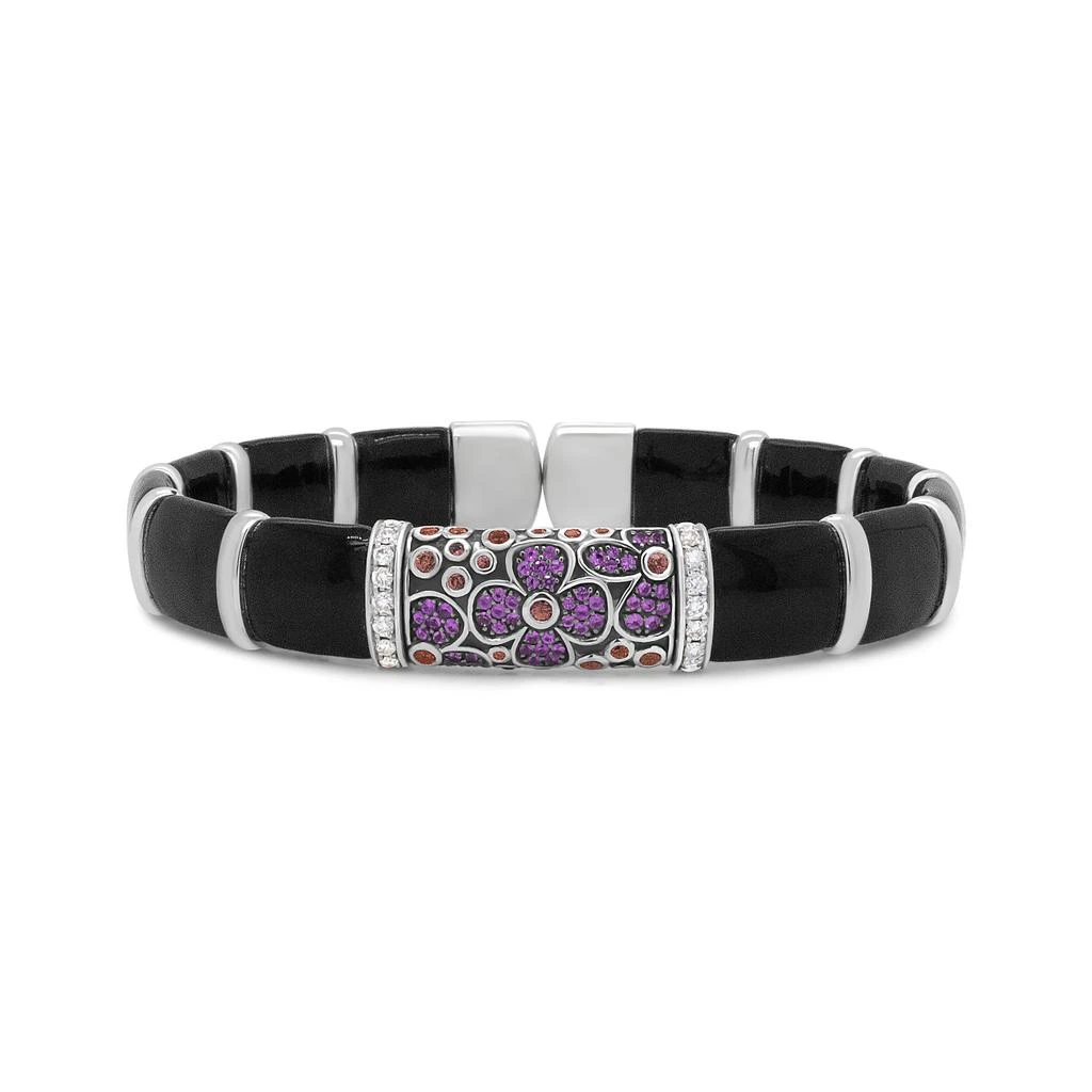 商品Haus of Brilliance|.925 Sterling Silver Black and Brown Enamel 1/3 Cttw Round Diamonds and Pink and Orange Sapphire Gemstones Floral Statement Bangle Bracelet,价格¥37166,第1张图片