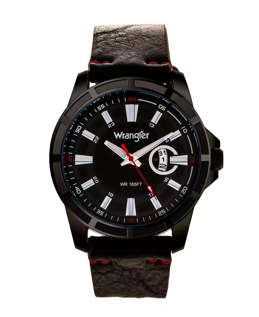 商品Wrangler|Men's Watch, 46MM IP Black Case with Cutout Bezel, Black Milled Dial with White Index Markers, Analog, Red Second Hand and Cutout Crescent Date Function, Black Strap with Red Accent Stitch,价格¥463,第1张图片