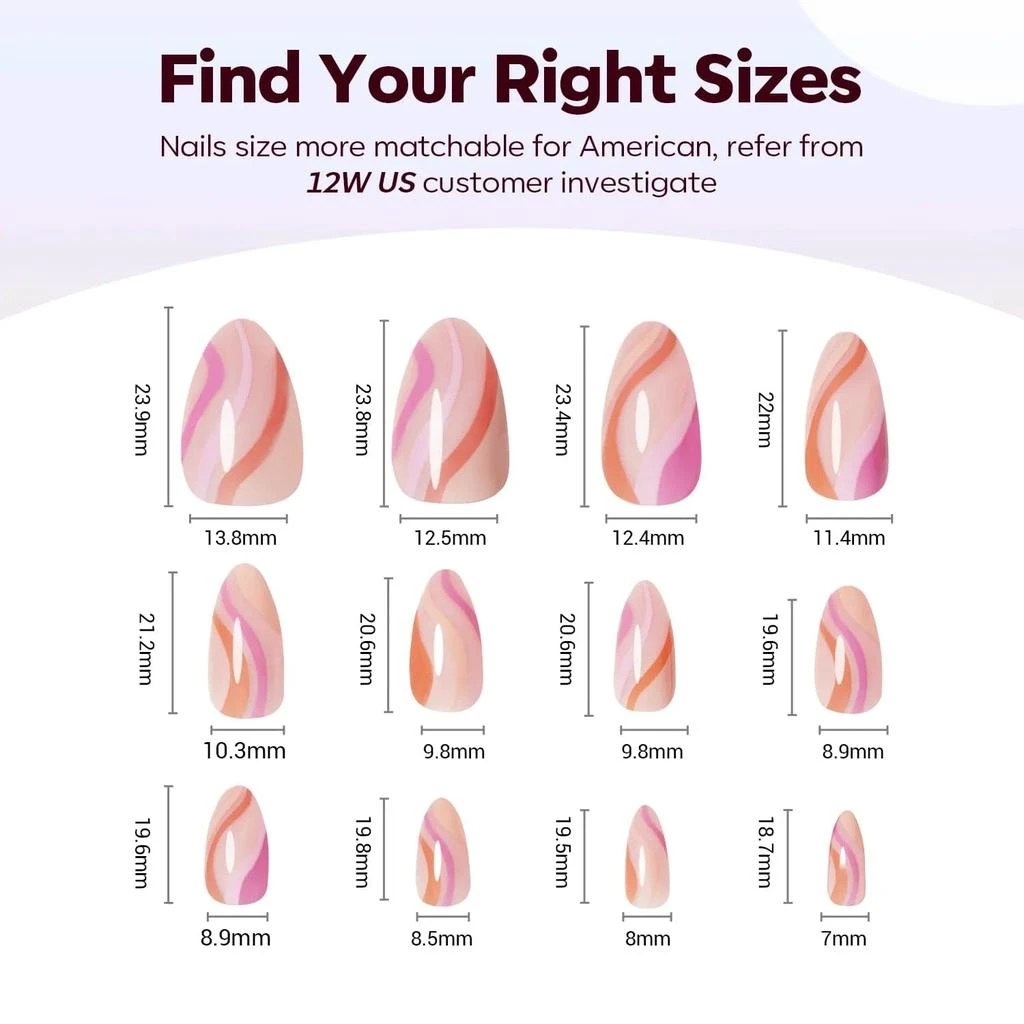 Falling Lwaves Dance - 24 Fake Nails 12 Sizes Short Almond Press on Nails Kit 商品