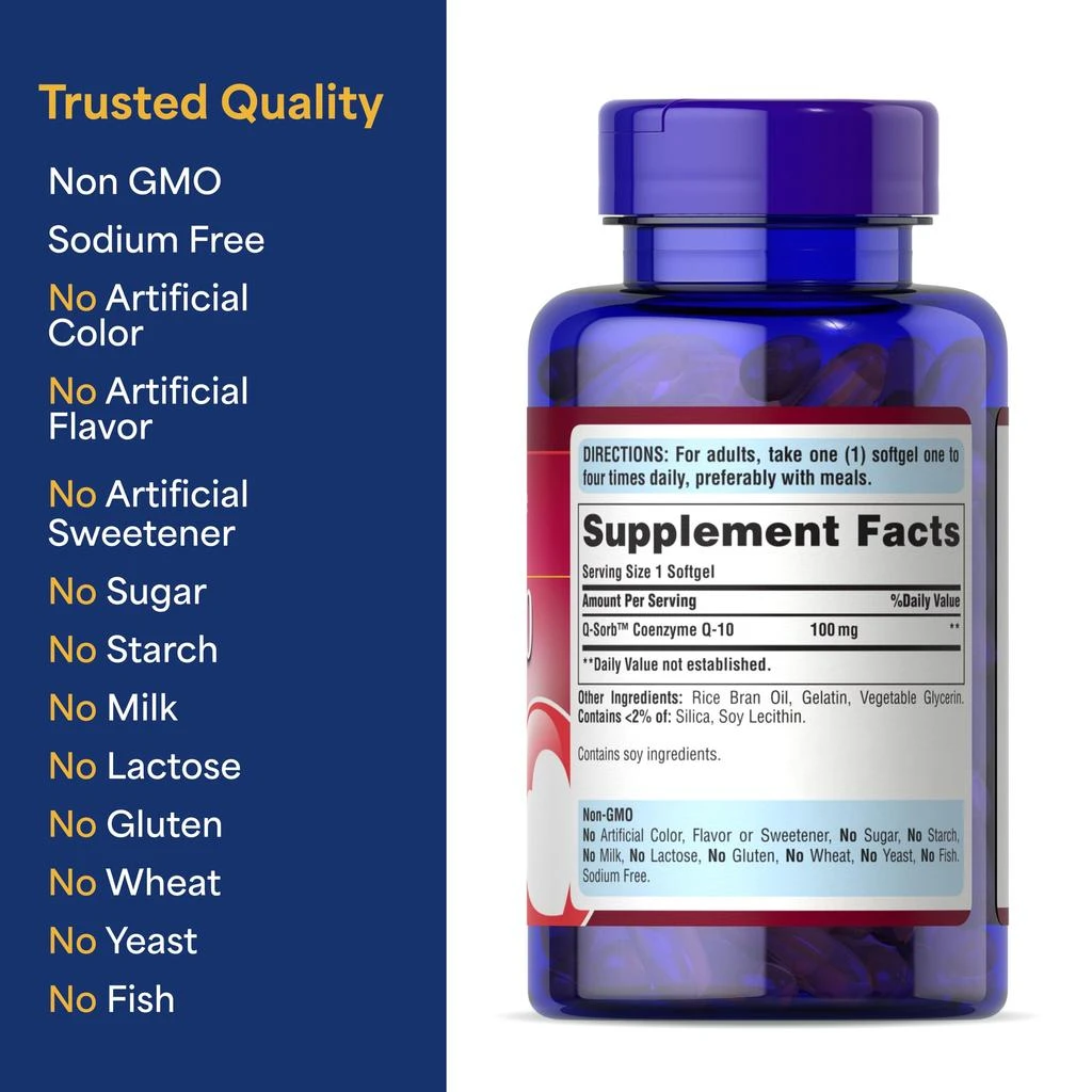 商品Puritan's Pride|Puritan's Pride Coenzyme CoQ10 100mg, Dietary Supplement for Heart Health, Blood Pressure, Oral Gum Health, and Healthy Aging Support, 240 Rapid Release Softgels, 2-Pack,价格¥112,第5张图片详细描述