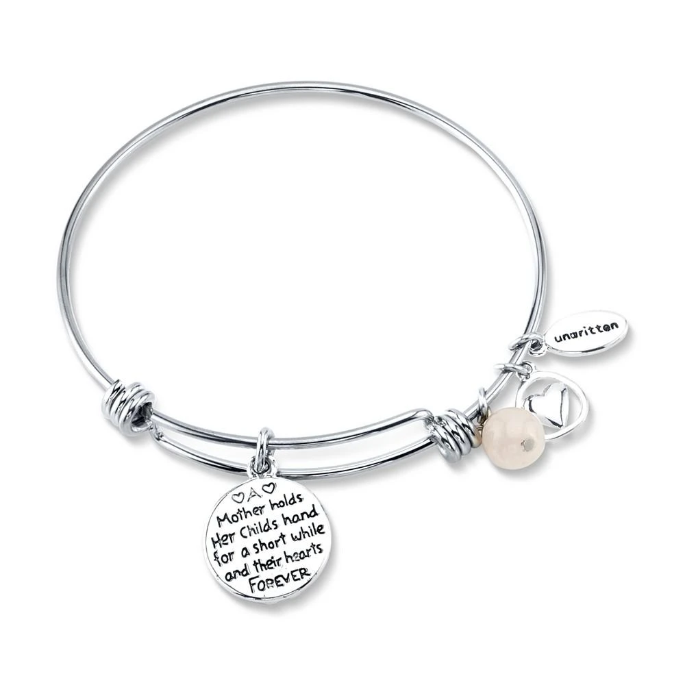 商品Unwritten|Mom Charm and Rose Quartz (8mm) Bangle Bracelet in Stainless Steel with Silver Plated Charms,价格¥412,第2张图片详细描述